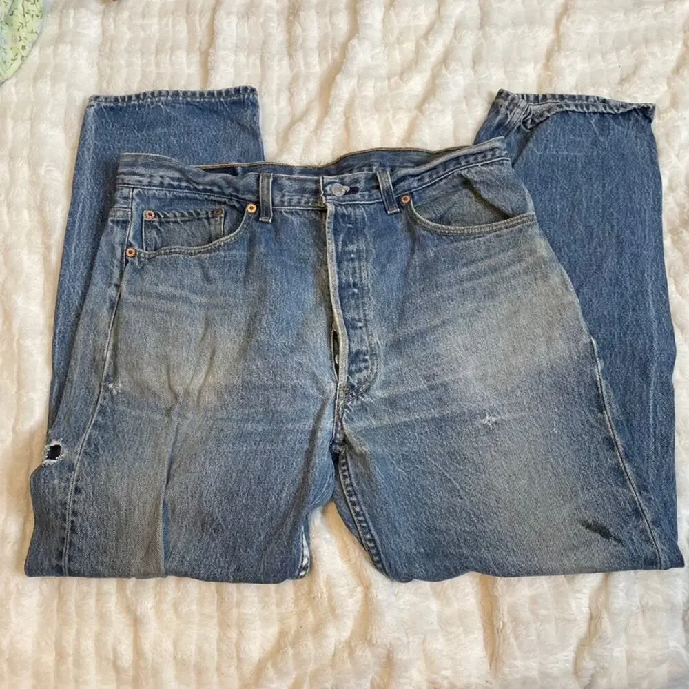 Vintage Levis 501XX 38x28 Distressed Button Fly Straight Leg Jeans Blue USA 1995